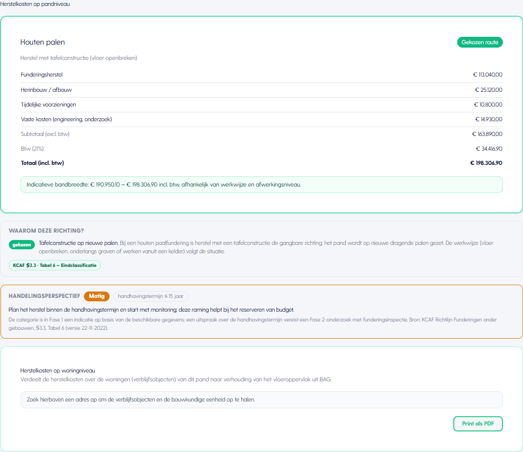 Herstelkosten Calculator met kostenopbouw en indicatieve bandbreedte