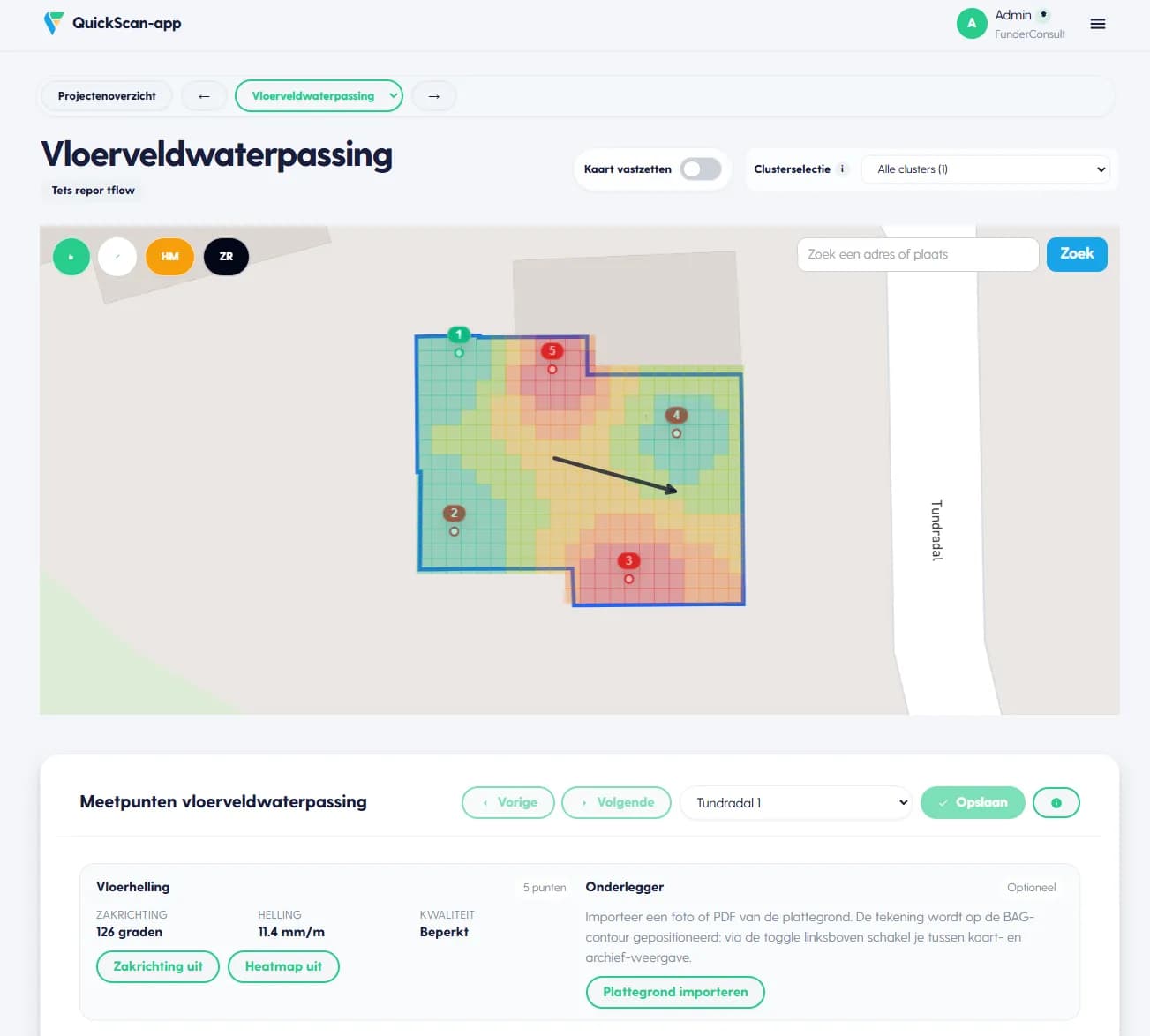 FunderScan — vloerveldwaterpassing met meetpunten in vloervlakken